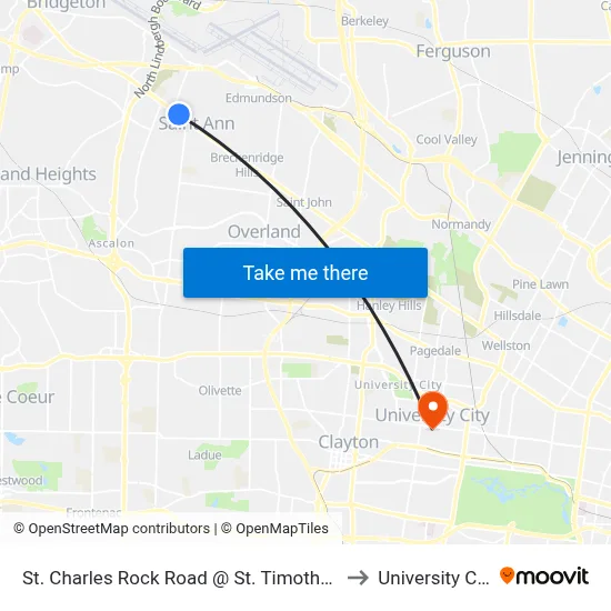 St. Charles Rock Road @ St. Timothy Eb to University City map