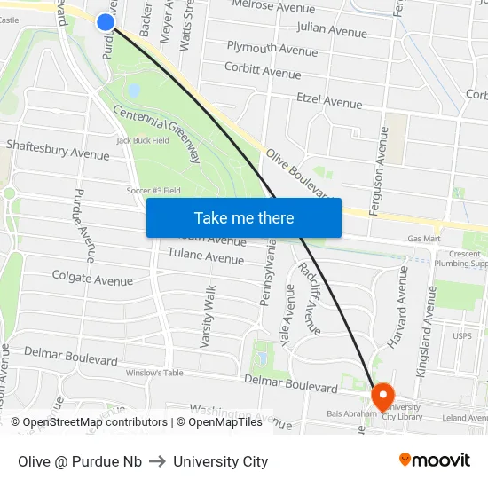 Olive @ Purdue Nb to University City map