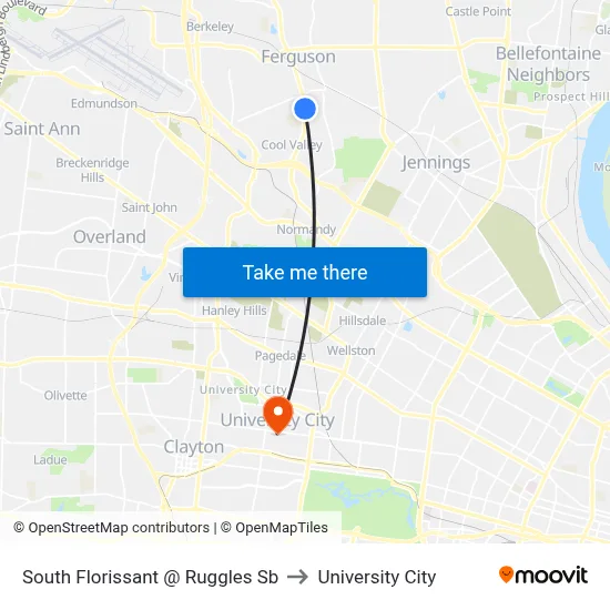 South Florissant @ Ruggles Sb to University City map