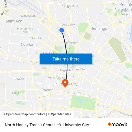 North Hanley Transit Center to University City map