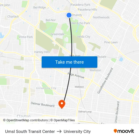 Umsl South Transit Center to University City map