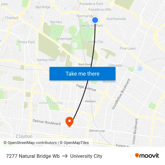 7277 Natural Bridge Wb to University City map