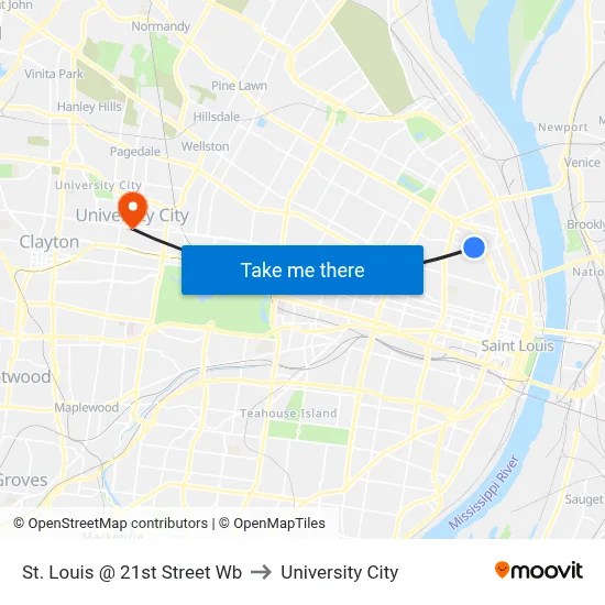 St. Louis @ 21st Street Wb to University City map