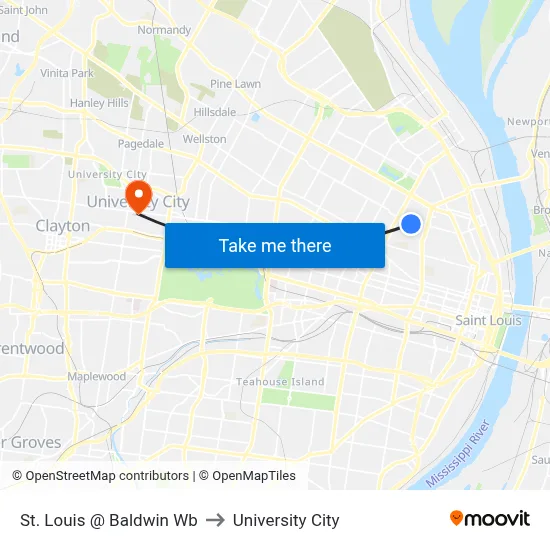 St. Louis @ Baldwin Wb to University City map
