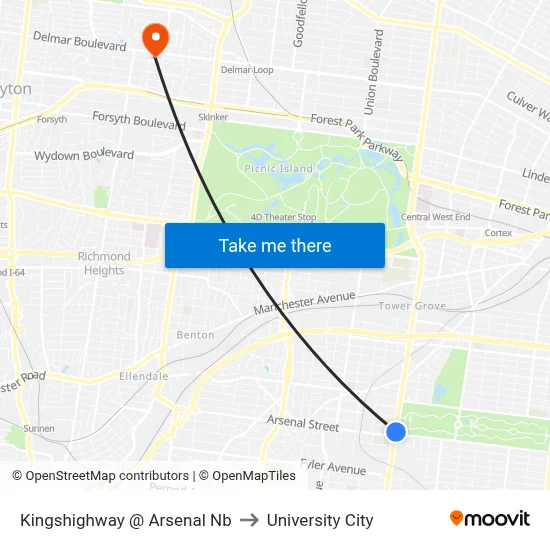 Kingshighway @ Arsenal Nb to University City map