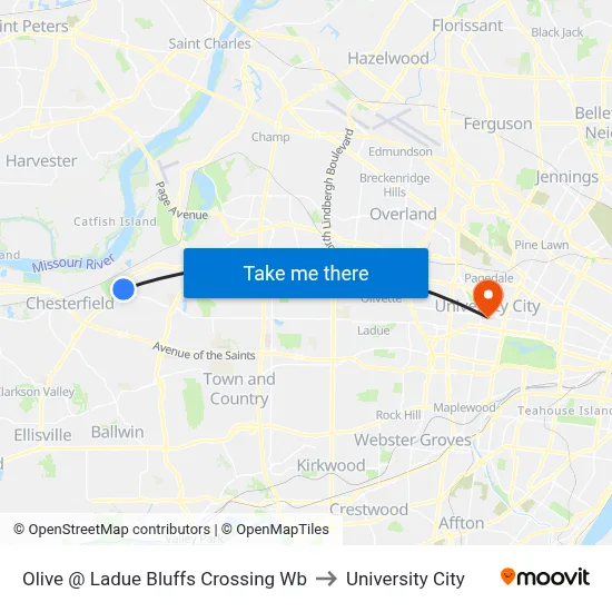 Olive @ Ladue Bluffs Crossing Wb to University City map