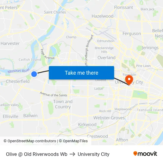 Olive @ Old Riverwoods Wb to University City map