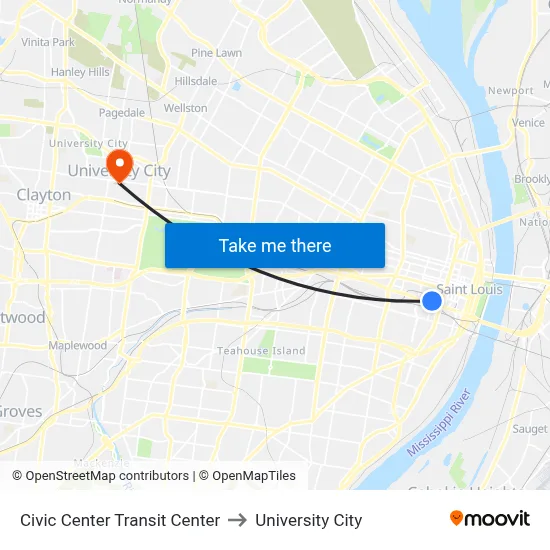 Civic Center Transit Center to University City map