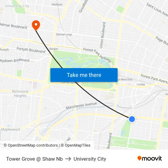 Tower Grove @ Shaw Nb to University City map
