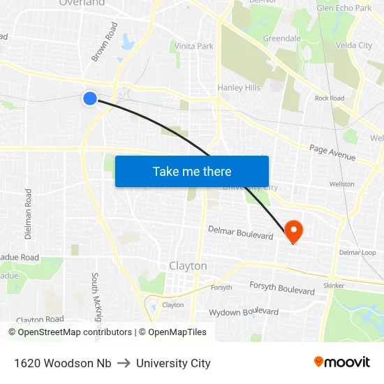 1620 Woodson Nb to University City map