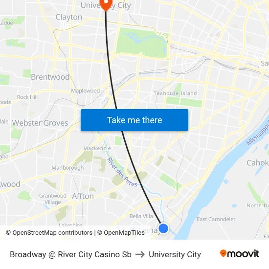 Broadway @ River City Casino Sb to University City map