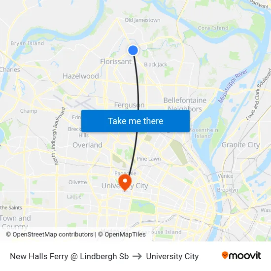 New Halls Ferry @ Lindbergh Sb to University City map