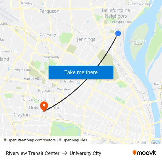 Riverview Transit Center to University City map