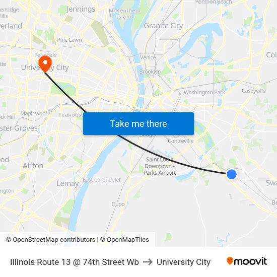 Illinois Route 13 @ 74th Street Wb to University City map