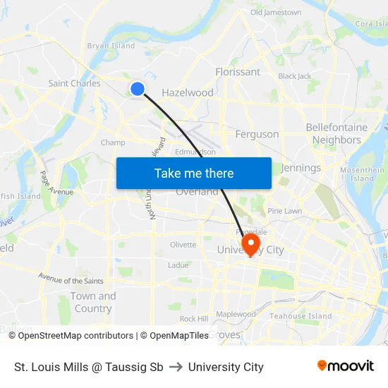 St. Louis Mills @ Taussig Sb to University City map