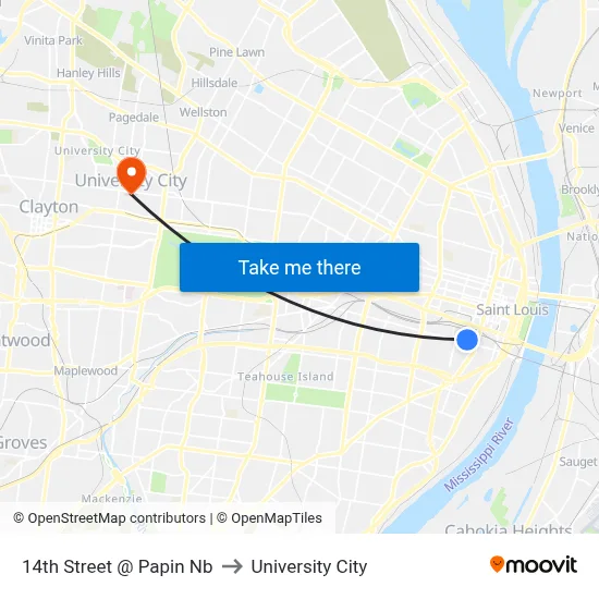 14th Street @ Papin Nb to University City map