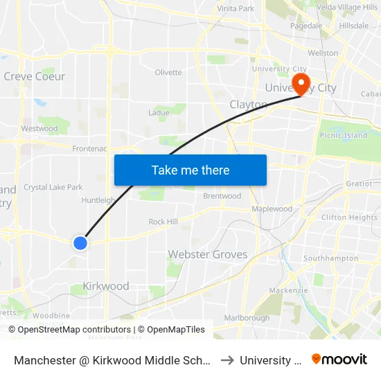 Manchester @ Kirkwood Middle School Wb to University City map