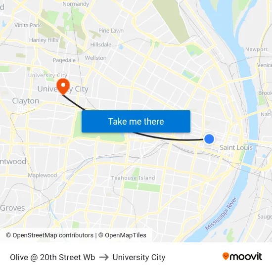 Olive @ 20th Street Wb to University City map