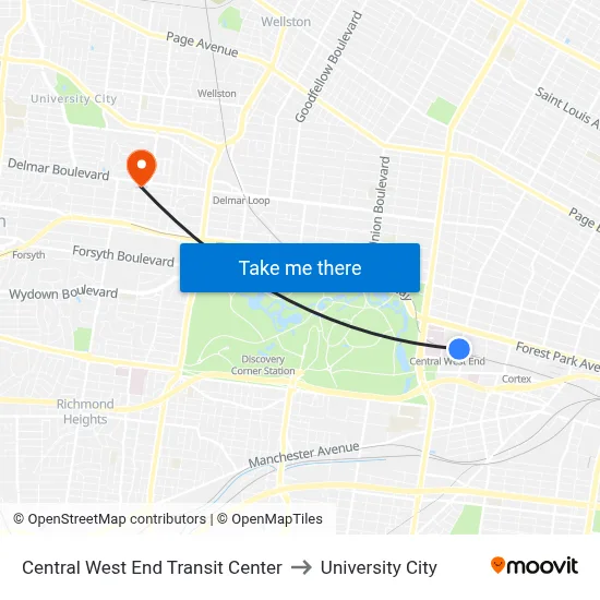 Central West End Transit Center to University City map