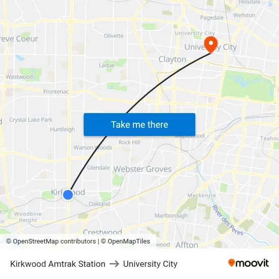 Kirkwood Amtrak Station to University City map