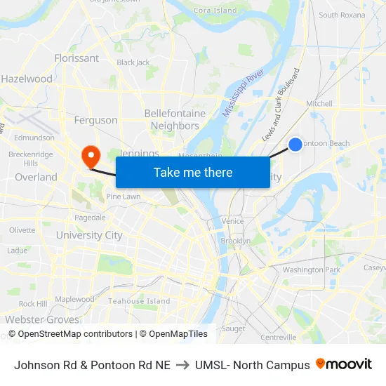 Johnson Rd & Pontoon Rd NE to UMSL- North Campus map