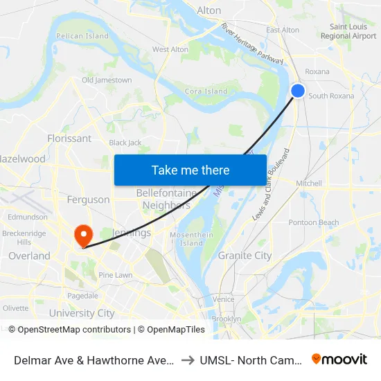 Delmar Ave & Hawthorne Ave SW to UMSL- North Campus map
