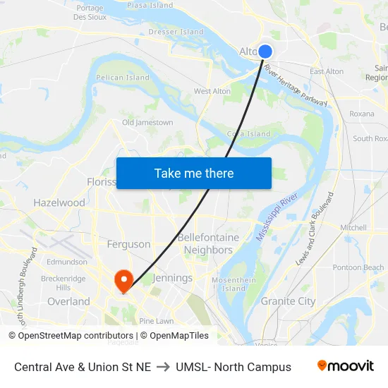 Central Ave & Union St NE to UMSL- North Campus map