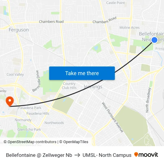 Bellefontaine @ Zellweger Nb to UMSL- North Campus map