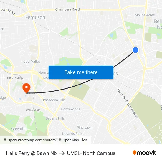 Halls Ferry @ Dawn Nb to UMSL- North Campus map