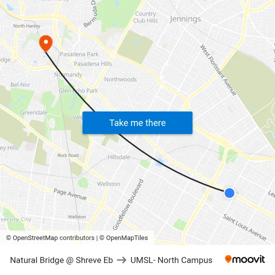Natural Bridge @ Shreve Eb to UMSL- North Campus map