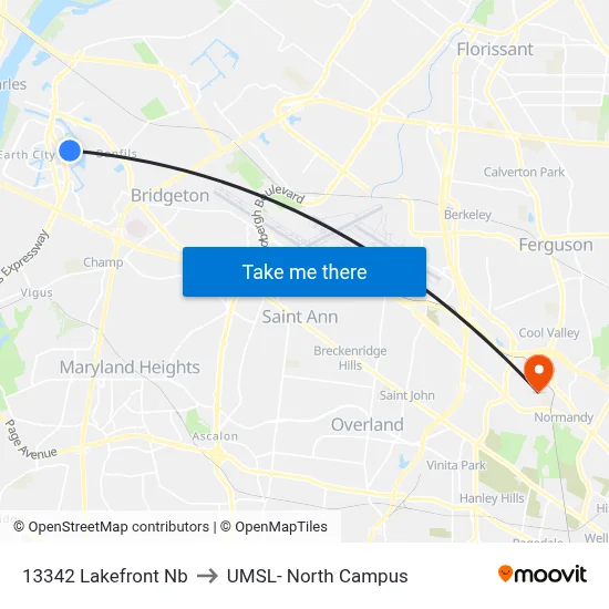 13342 Lakefront Nb to UMSL- North Campus map