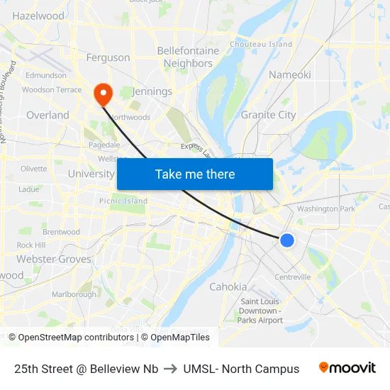 25th Street @ Belleview Nb to UMSL- North Campus map