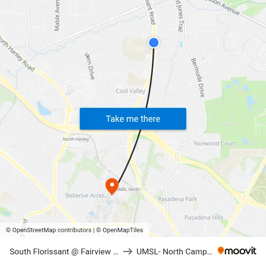 South Florissant @ Fairview Sb to UMSL- North Campus map