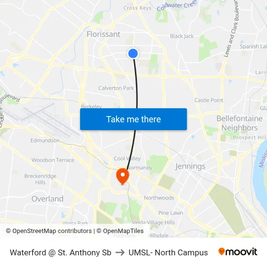 Waterford @ St. Anthony Sb to UMSL- North Campus map