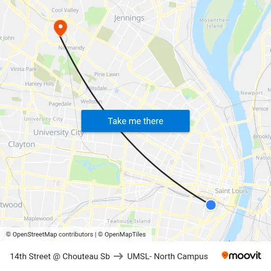 14th Street @ Chouteau Sb to UMSL- North Campus map