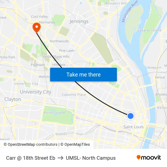 Carr @ 18th Street Eb to UMSL- North Campus map