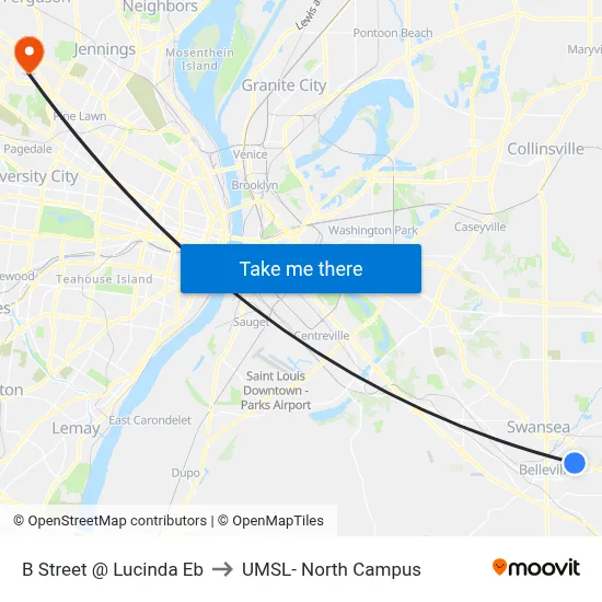 B Street @ Lucinda Eb to UMSL- North Campus map