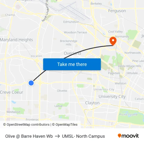 Olive @ Barre Haven Wb to UMSL- North Campus map