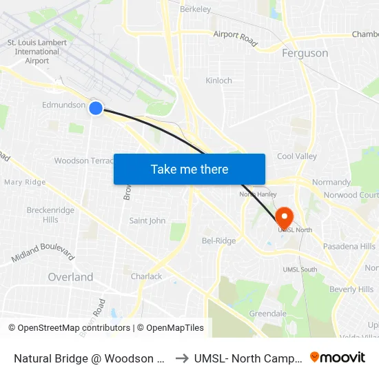 Natural Bridge @ Woodson Wb to UMSL- North Campus map