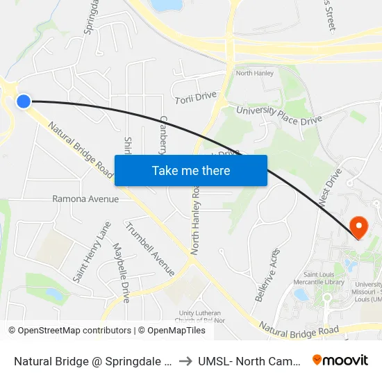 Natural Bridge @ Springdale Wb to UMSL- North Campus map