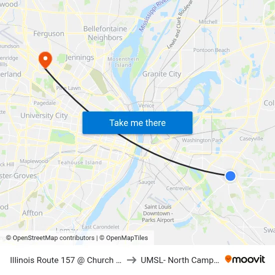 Illinois Route 157 @ Church Sb to UMSL- North Campus map
