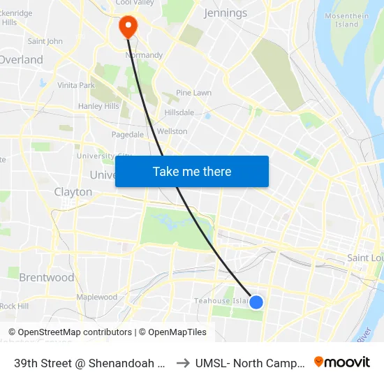 39th Street @ Shenandoah Nb to UMSL- North Campus map
