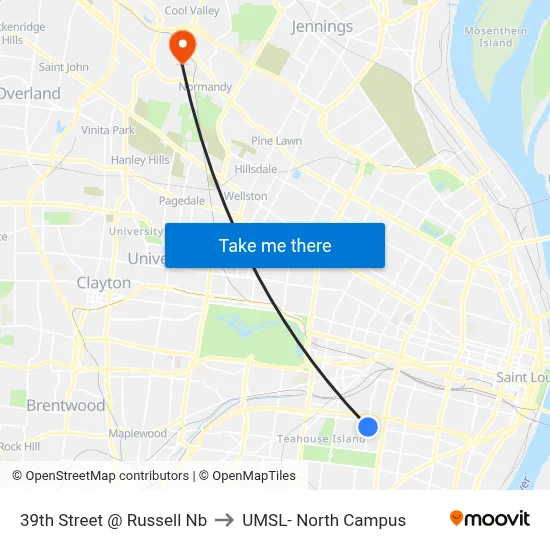 39th Street @ Russell Nb to UMSL- North Campus map