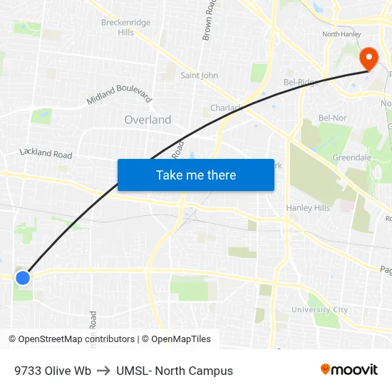 9733 Olive Wb to UMSL- North Campus map