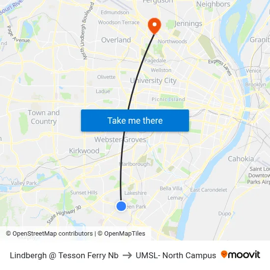 Lindbergh @ Tesson Ferry Nb to UMSL- North Campus map