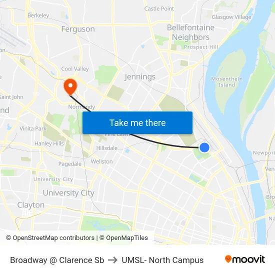 Broadway @ Clarence Sb to UMSL- North Campus map