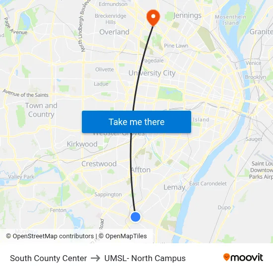 South County Center to UMSL- North Campus map