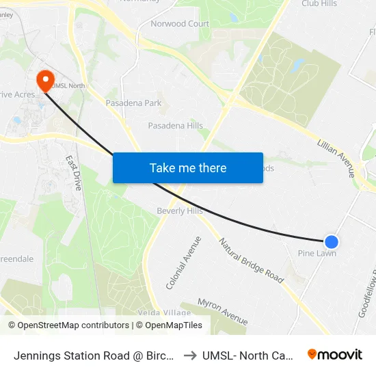 Jennings Station Road @ Bircher Sb to UMSL- North Campus map
