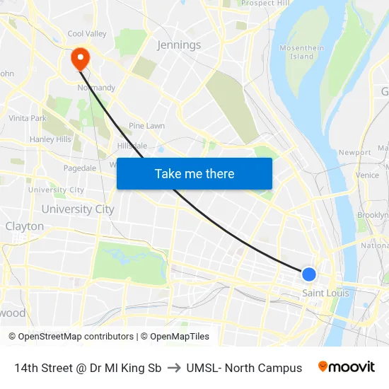 14th Street @ Dr Ml King Sb to UMSL- North Campus map
