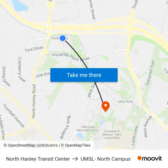 North Hanley Transit Center to UMSL- North Campus map